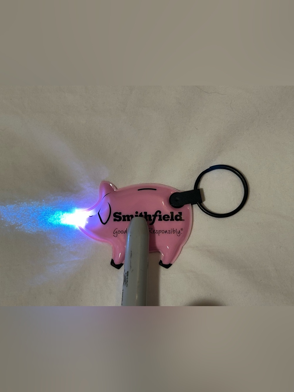 New Smithfield ham pig keychain light pink Virginia Va safety bright push gift